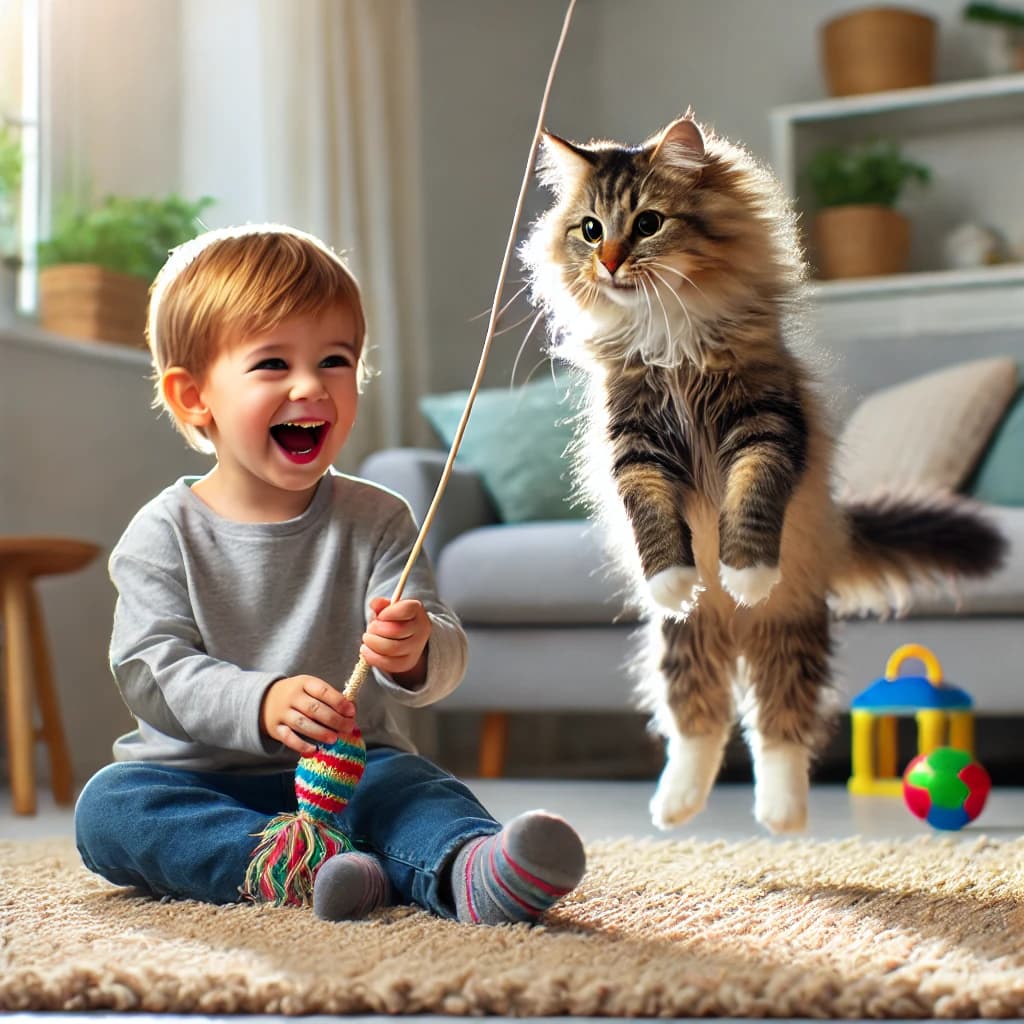 DALL·E 2024 12 02 15.41.11 A heartwarming scene of a young child playing with a playful cat. The child around 4 5 years old is laughing and holding a toy on a string while th
